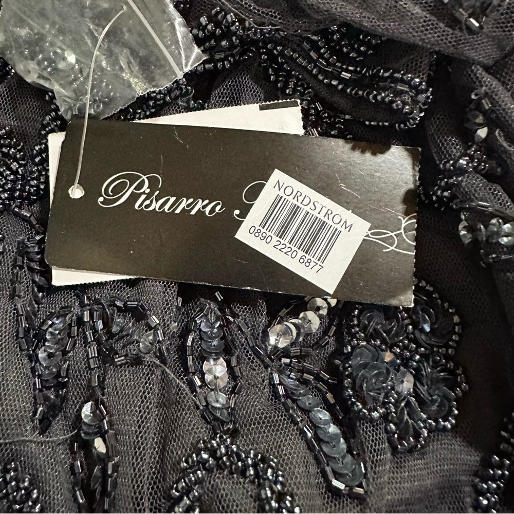Pisarro Nights Beaded Mesh Column Short Sleeve V-Neck Gown in Slate Size 10 NWT - Picture 7 of 8